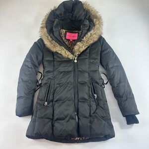 Betsey Johnson Youth Medium High‎ Black Puffer Coat Faux Fur Hood Leopard Lining